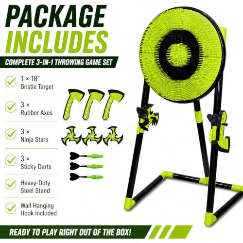 Leeray 3-in-1 Axe Throwing Game Set with 18-Inch Bristle Target and Stand - Black and Green