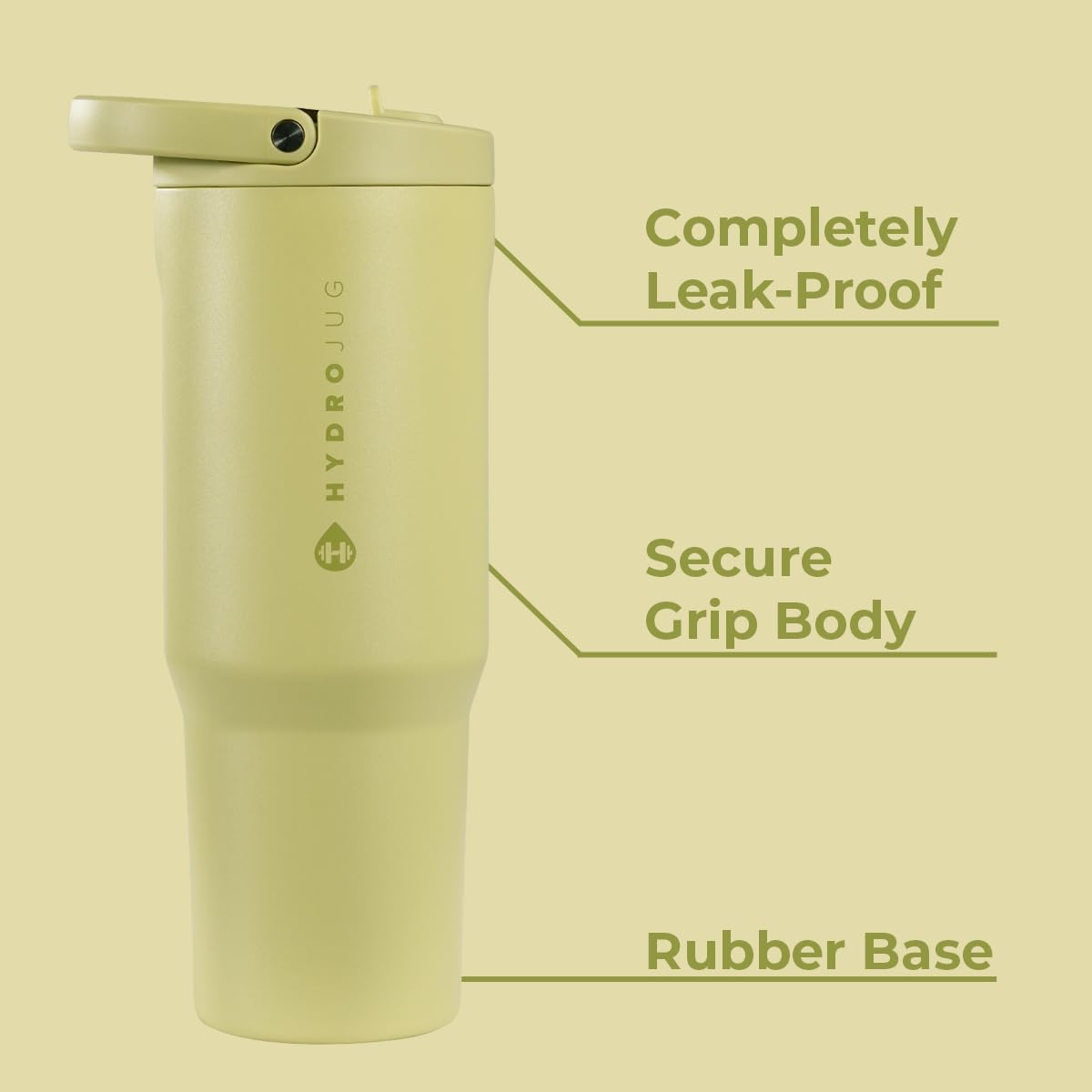 HydroJug Sport - Stainless Steel Tumbler with Straw, Vacuum Insulated, 32oz Leakproof Water Bottle, Ergonomic Design, Reusable, Dishwasher Safe, Rubber Base, Durable for Gym or Outdoors, Olive