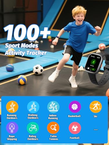 Kids Smart Watch Fitness Tracker 1.85" Screen Pedometer Heart Rate Sleep Waterproof Black