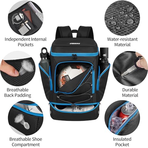 Soccer Backpack with Ball Holder, Shoe Compartment & Insulated Cooler Pocket - Black Blue, 2025 Variant