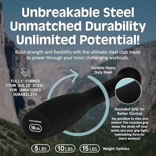 Retrospec Grip Steel Club Strength Training, Rehabilitation, Stretching, Conditioning and Rotational Training - 5, 10, 15lb Options for Women & Men