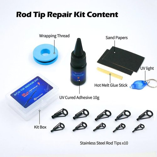 Natufish Fishing Rod Tip Repair Kit - Fishing Pole Repair Kit Complete with 10 High-Performance Fishing Rod Epoxy, Top Eyelets, Wrapping Thread | Rod Tip Repair Kit for Fishing Pole Tips