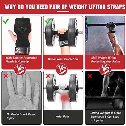 COFOF Weight Lifting Wrist Strap, Double Layer Leather Wrist Strap for Deadlift and Powerlifting, Adjustable Neoprene Padded Gym Workout Lifting Hooks (Pair)