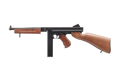 Airsoft Tommy Thompson Submachine Gun WW2 Chicago Typewriter Full Auto Electric SMG AEG with Extra Drum Magazines, Battery and Charger (Faux Wood)