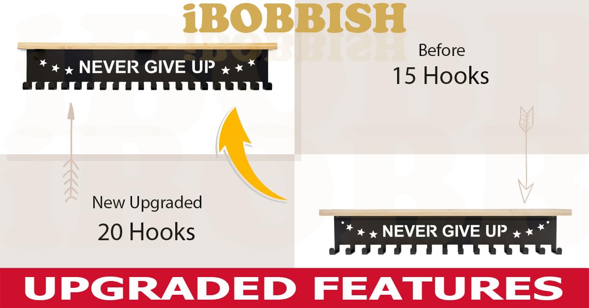 iBobbish Trophy and Medal Hanger Display Shelf, 16inchL, Metal 20 Hooks, Extra Large Bamboo Trophy Board, 33lbs Weight Capacity