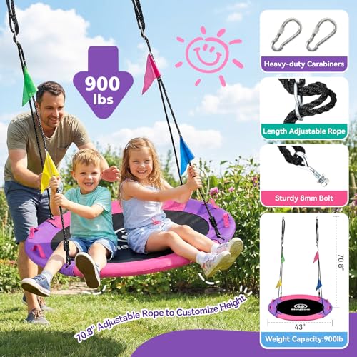 Kids & Adults Saucer Tree Swing - Pink & Purple, 43 Inch, 900LBS Capacity, 360° Swivel Outdoor Play Equipment