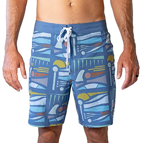Men's 18-19 Inch 4-Way Stretch Boardshorts Swim Trunks - Retro Aloha 36