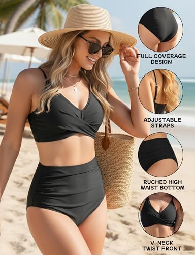 X-Large Black High Waisted Bikini Set with Twist Front V-Neck and Ruched Tummy Control Bottoms