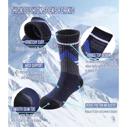 Yebing Kids Merino Wool Hiking Socks Boys Girls Toddlers Winter Warm Thermal Thick Cushion Boot Crew Gift Socks 6 Pairs