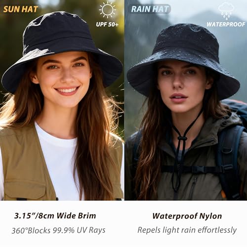 Black Waterproof Bucket Hat for Women UV Sun Protection Wide Brim Packable