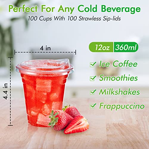 Clear Plastic Cups with Sip Lids - 12 oz, 100 Pack, Strawless Design