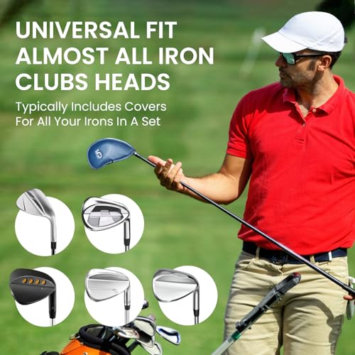 Golf Iron Head Covers Set - 1 Side Blue Synthetic Leather Protection