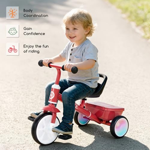 Toddler Tricycle with Glowing LED Wheels & Adjustable Seat - Red