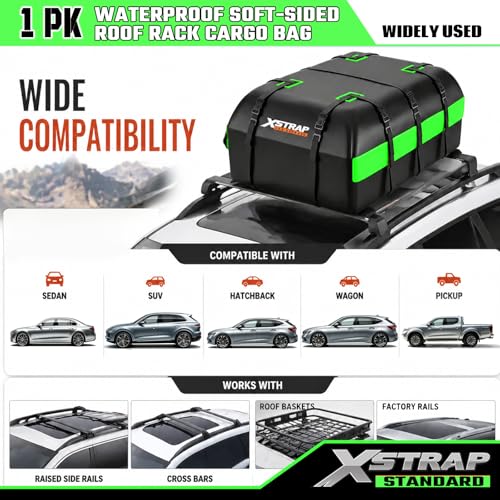XSTRAP STANDARD 21 Cubic Feet Waterproof Car Rooftop Luggage Carrier Bag, Green - Fits All Vehicles