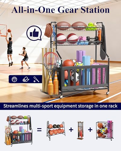 Kitsure Sports Equipment Organizer with Wheels - Black, 40"D x 16.7"W x 45.6"H Garage Ball Storage Rack