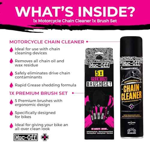 Muc-Off Motorcycle Chain Cleaner + 5x Bike Brush Kit | Motorcycle Chain Degreaser Cleaner with Chain Cleaning Brush Set | Instant Grease Cutting Formula | Easy to Use