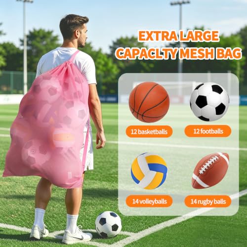 Pink Mesh Sports Ball Bag 40x30 Inch Heavy Duty Drawstring Organizer for Basketball Volleyball Soccer