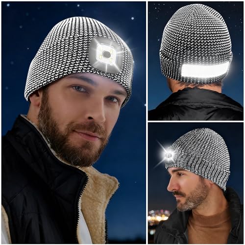 Babalet Beanie Hat with Light, Rechargeable LED Reflective Knitted Headlamp Caps, Warm Winter Gifts for Men Women