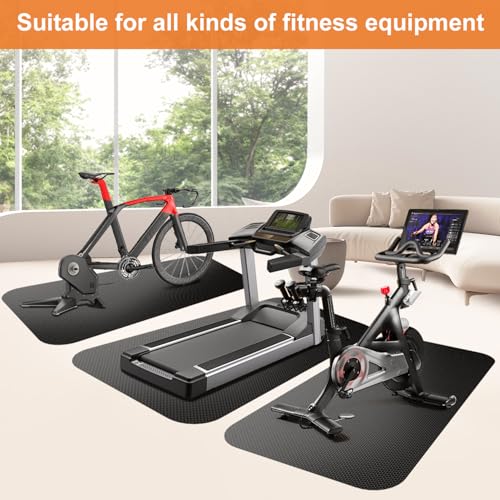 96 x 30 Inch Exercise Equipment Floor Mat for Rowing Treadmill & Bike - Durable Rubber, Vibration Absorbing, with Storage Bag and Towel