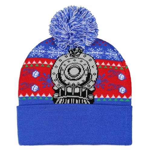 The Polar Express Beanie Men's Locomotive Fair Isle Design Embroidered Logo Fold Cuff Top Pom Beanie Hat