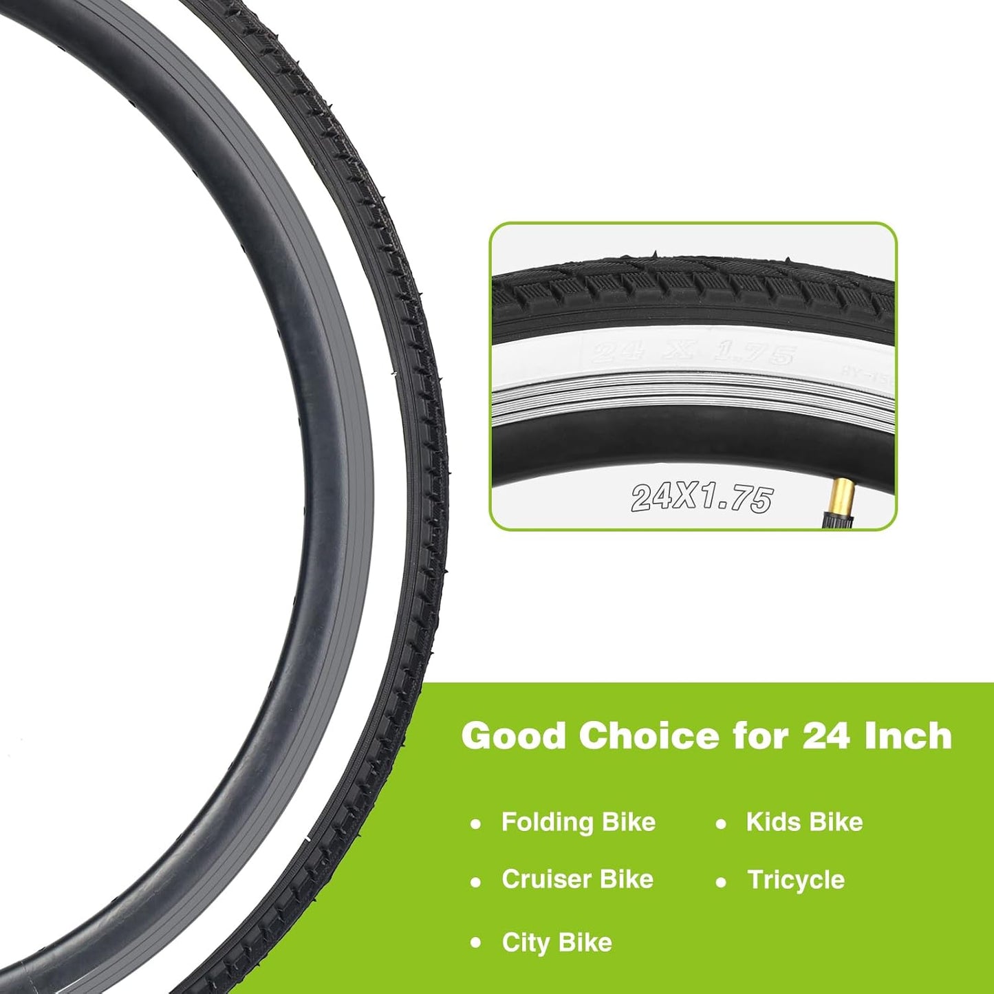 20/24 x 1.75 Inch Bike One/Two Pack Bicycle White Wall Side Black Tires Folding Bead Tires with/Without Inner Tubes Compatible with 20"/ 24" City Bike, Lady Bicycle, Cruiser Bikes, Tricycles