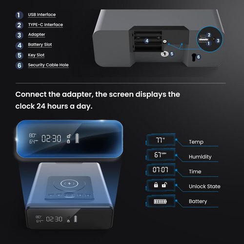 Biometric Gun Safe for Handgun, Smart Clock Safes with 2-in-1 Watch & Phone Wireless Charging, Bedside Pistol Safe with Backlit Keypad, Nightstand Handgun Safes with LED Light
