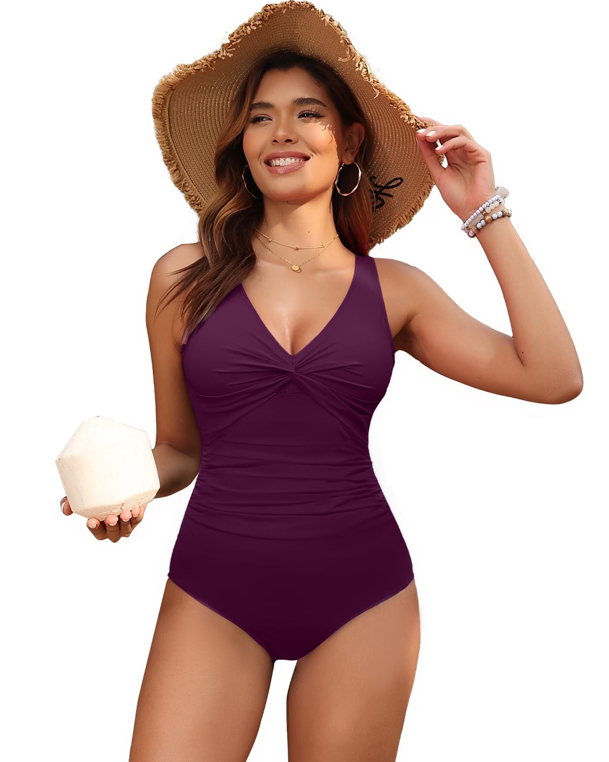 Holipick Purple Women Tummy Control One Piece Swimsuit - Push Up Bathing Suit Full Coverage Slimming Swimwear M