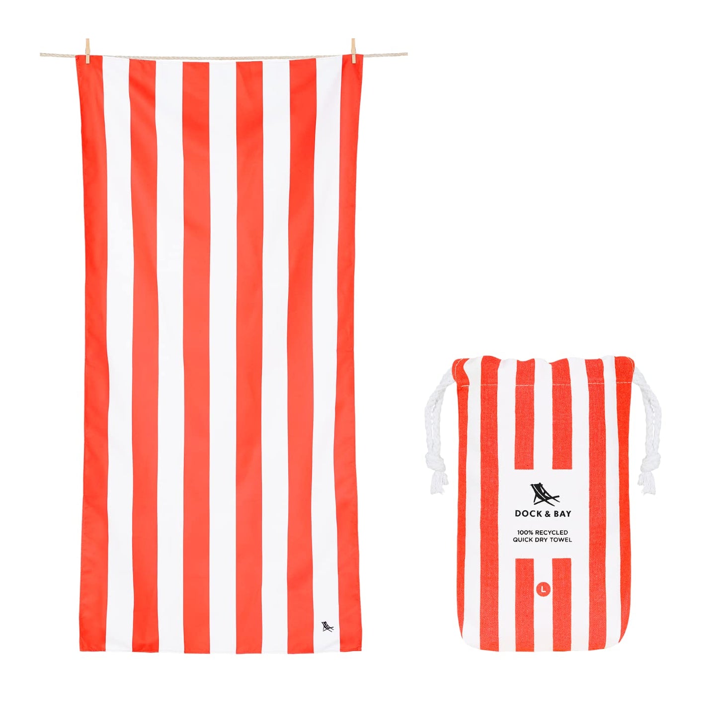 Dock & Bay Beach Towel - Quick Dry, Sand Free - Compact, Lightweight - 100% Recycled - Includes Bag - Cabana - Waikiki Coral Red - Large (160x90cm, 63x35)