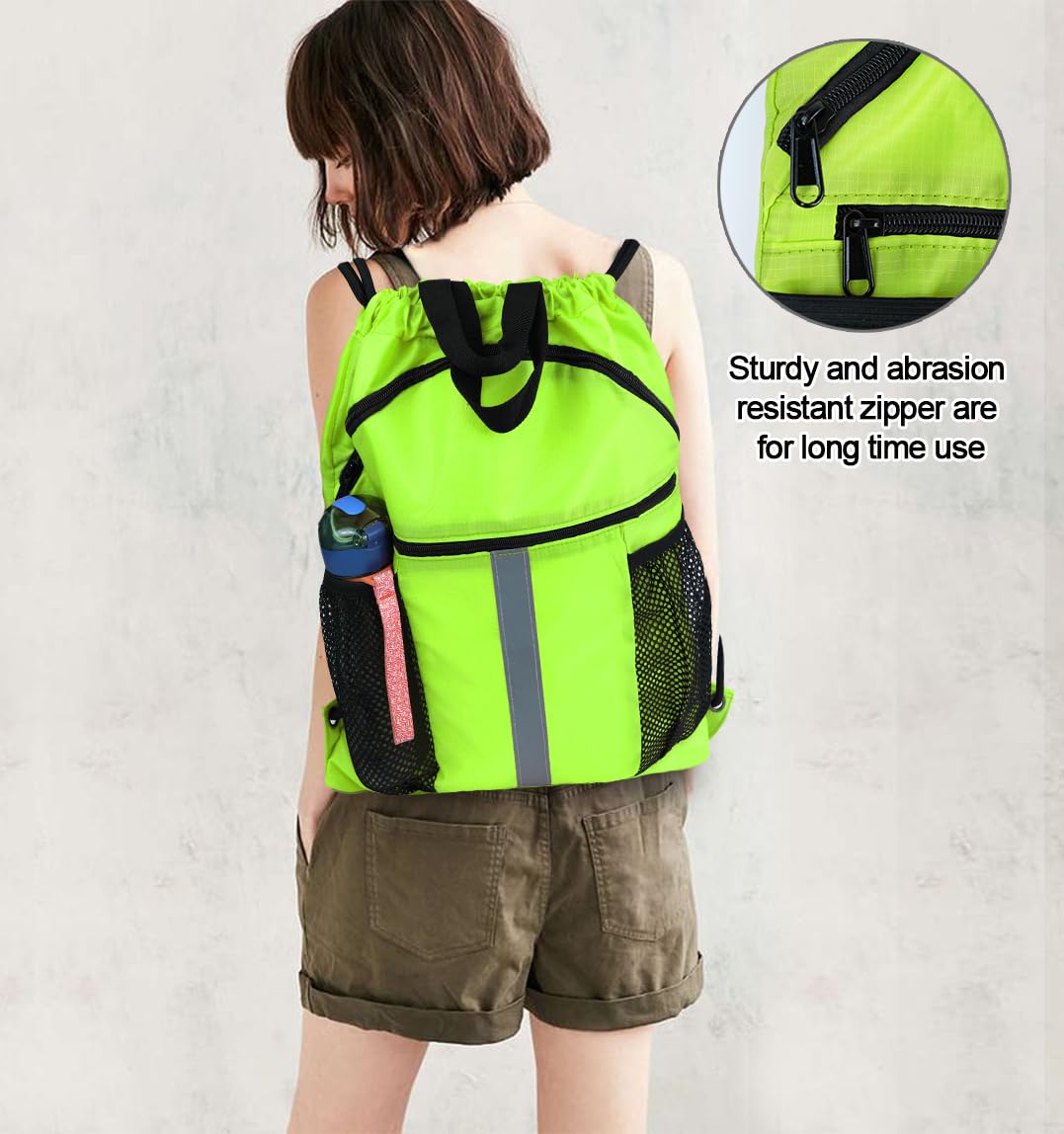 BeeGreen Yellow Drawstring Backpack with Shoe Compartment X-Large Gym Sports String Cinch Backpack Athletic Sackpack with Front Inside Zipper Pockets