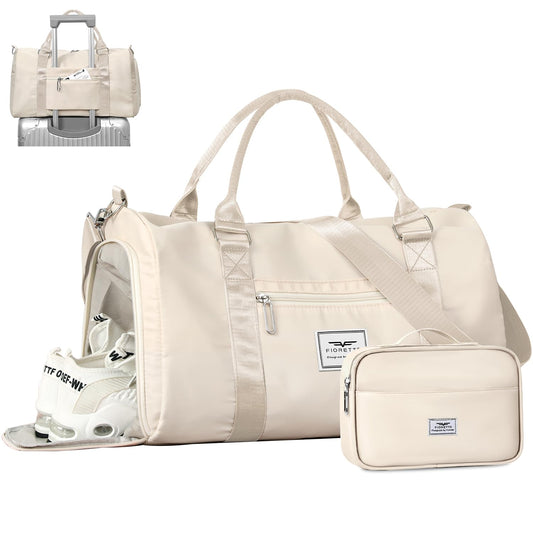 FIORETTO Womens Gym Tote Duffle Bag with Toiletry Bag, Sports Duffel Overnight Hospital Workout Carry on Bag for Girls with Wet Pocket & Shoe Compartment, Ideal for Travel, Swimming, Dance Beige