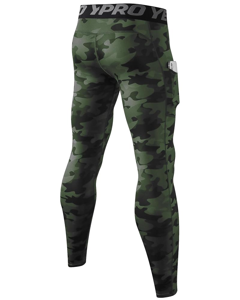 Compression Pants for Men with Phone Pocket - SPVISE 4-Way Stretch Run Tights Camouflage Green Large