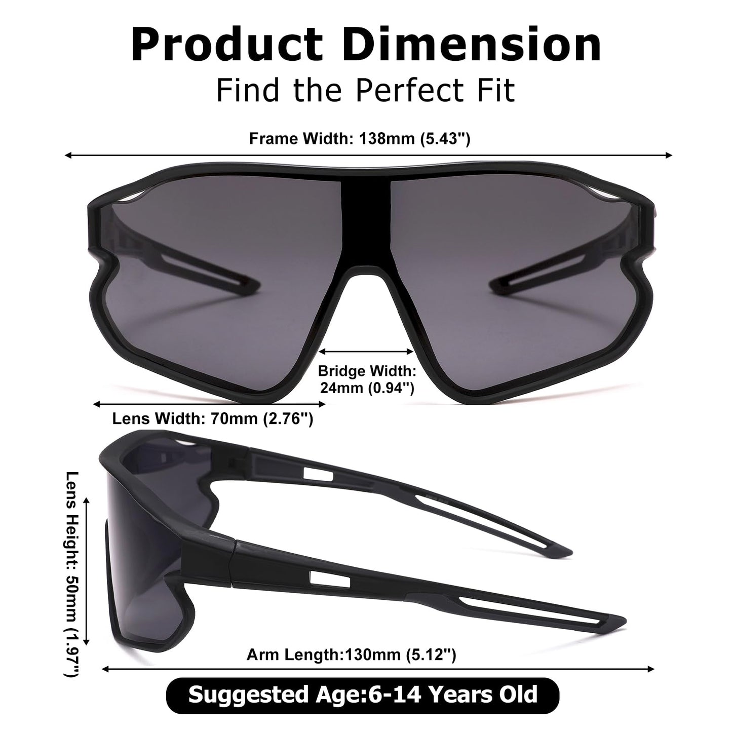 GLARDEFE Kids Baseball Sunglasses - Youth Baseball Sunglasses for Boys Girls - Sports Softball Shades Age 6-14(Black/Grey)