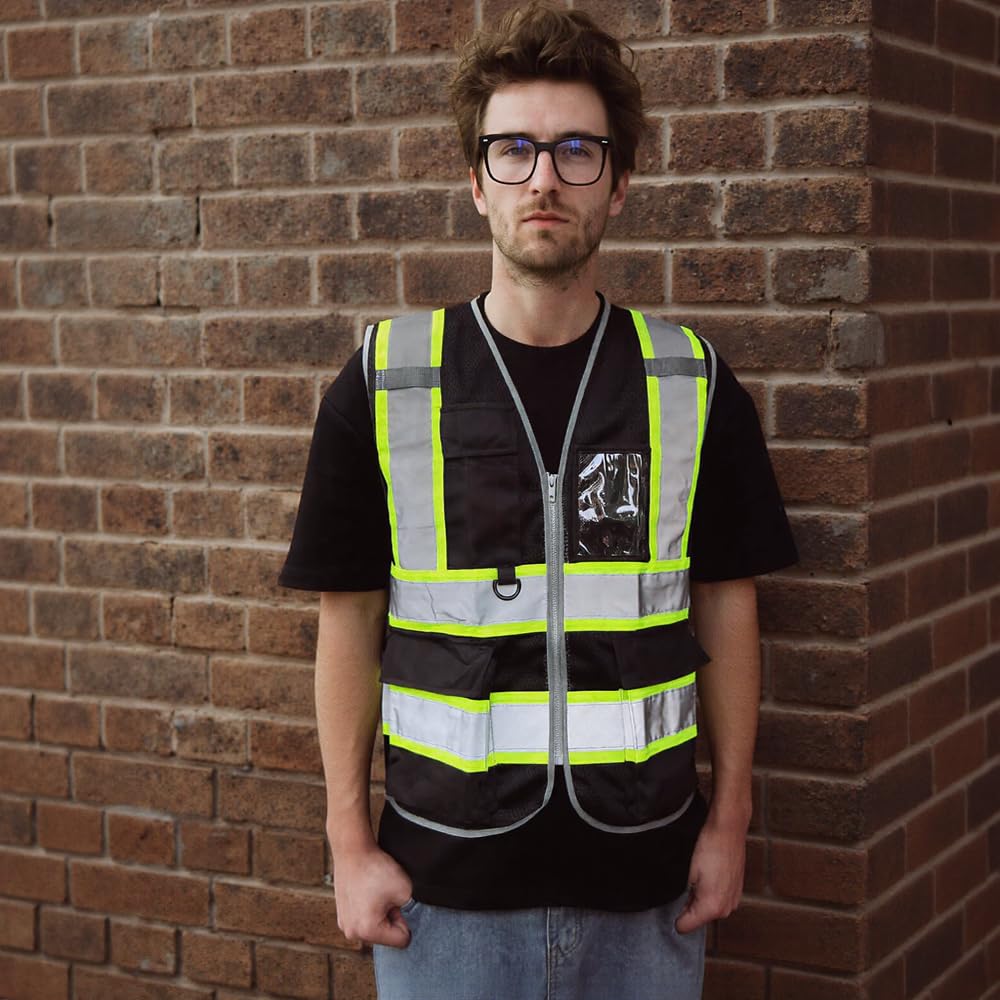 IDOU Black Hi Vis Safety Vest for Security Men Women, Reflective Work Vest with 8 Pockets, Zipper & Breathable Mesh/L