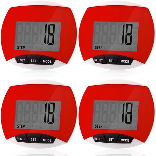 Copkim 4 Pcs Pedometers for Walking Step Counter Step Tracker Steps and Miles LCD Counters Portable Clip on Pedometers for Seniors Women Jogging Hiking Running Walking(Red)