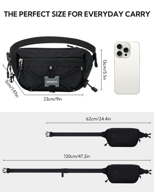 WATERFLY Lightweight Small Fanny Pack: 1.5L Mini Slim Crossbody Waist Belt Hip Bag with RFID Blocking, Anti-Theft & Water Resistant Pouch for Women Men Travel Hiking Running Walking EDC - Black