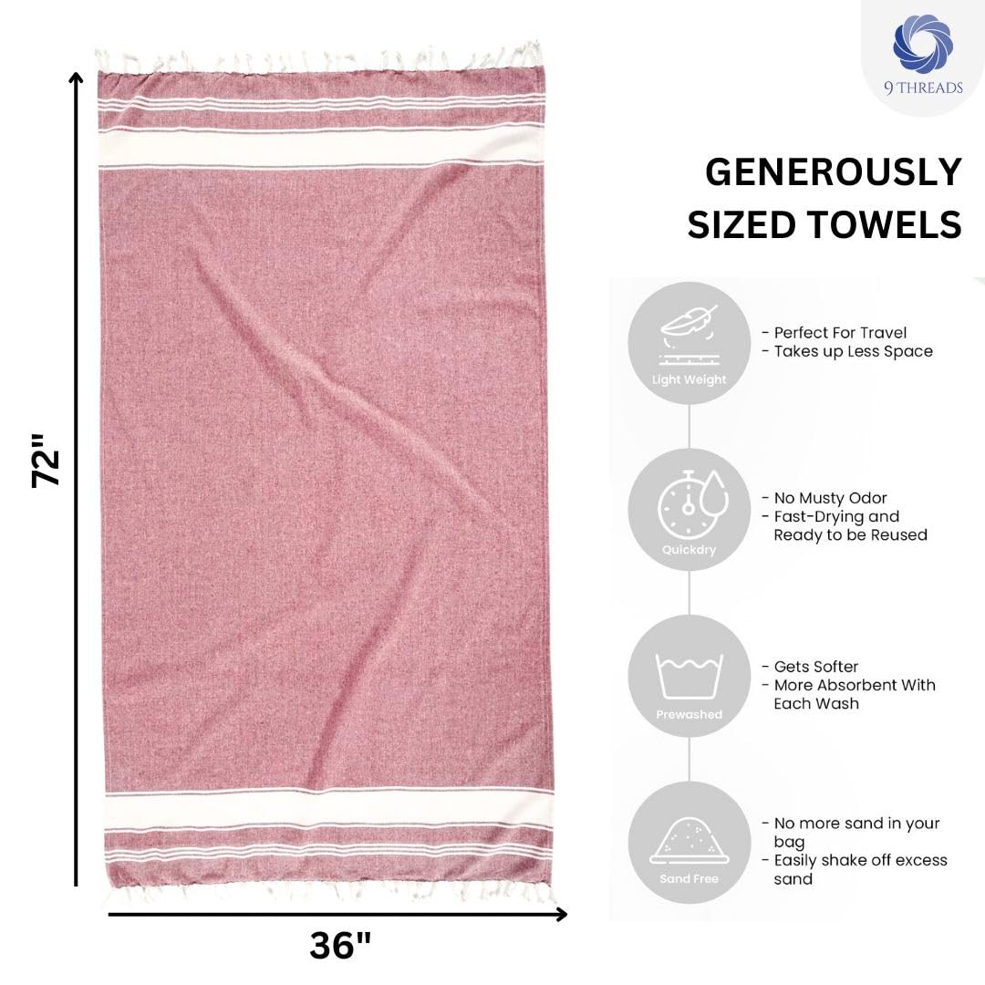 9Threads Cotton Turkish Beach Towel with Towels Oversized 36"x72" Pool Absorbent Extra Large Quick Dry Sand Travel Towel (Tomato Red, 2 Pack)
