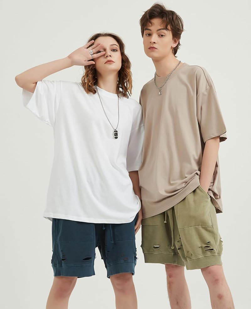 Men's Oversized Cotton Crew Neck T-Shirt - Short Sleeve Basic Tee, Black/Light Green/White, XL