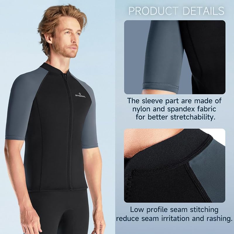 1.5mm Neoprene Wetsuit Top Jacket with Front Zip — Short Sleeve, Black, Men's Large