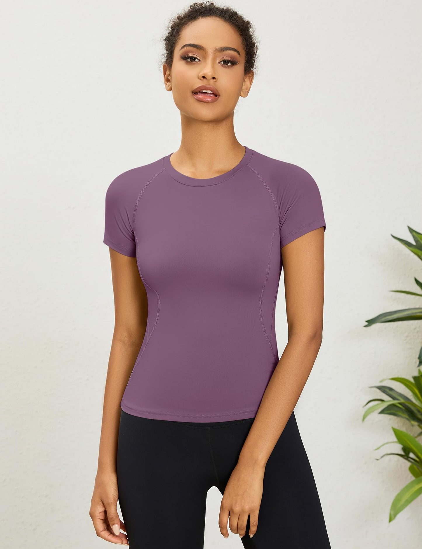 LOMON Workout Tops for Women Short Sleeve Athletic Shirt Crewneck Slim Tees Running Gym Pilates Shirts Outfits(Grey Purple,Medium)