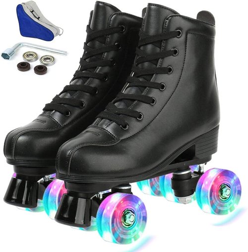 jessie Leather Roller Skates Roller Skates for Women Outdoor and Indoor Adjustable Four-Wheel Premium Roller Skates for Women Men Boys and Girls (Flash Wheel,Women's 8/ Men's 6.5)