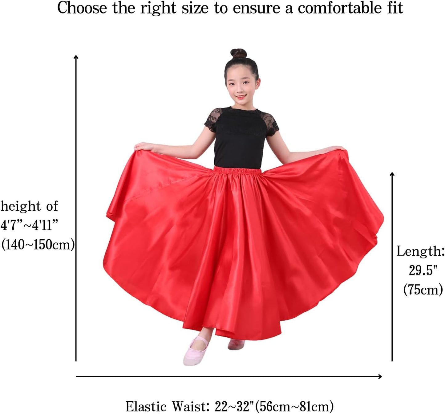 2 Pcs Long Satin Skirt for Girls Full Dancing Circle Skirt for Kids 8-12 Years