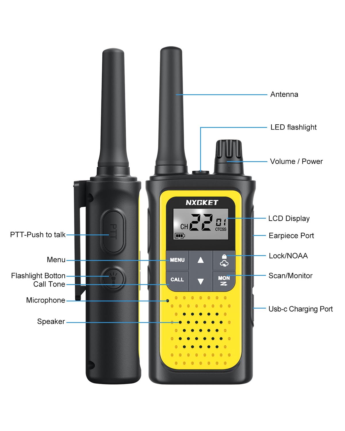 NXGKET Walkie Talkies for Adults Long Rang NOAA Weather Alerts, Rechargeable Walkie Talkies 2 Way Radio 22 FRS Channel with 1800mAh Li-ion Battery USB-C Cable Outdoor Cruises Camping, 4 Pack
