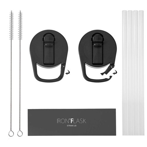 IRON °FLASK Carabiner Straw Lid for Wide Mouth Insulated Sports Water Bottles, Simple BPA Free, 2 Lids, 4 Straws, 2 Cleaning Brushes (Black)