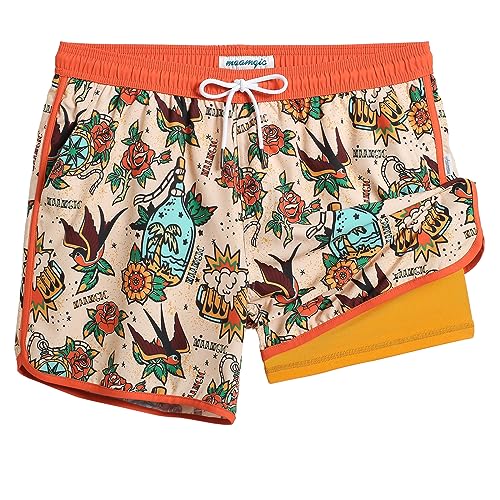 Men's Swim Trunks with Compression Liner 5 Inch Quick Dry Vintage Beachwear Large / Carnation Bird Orange