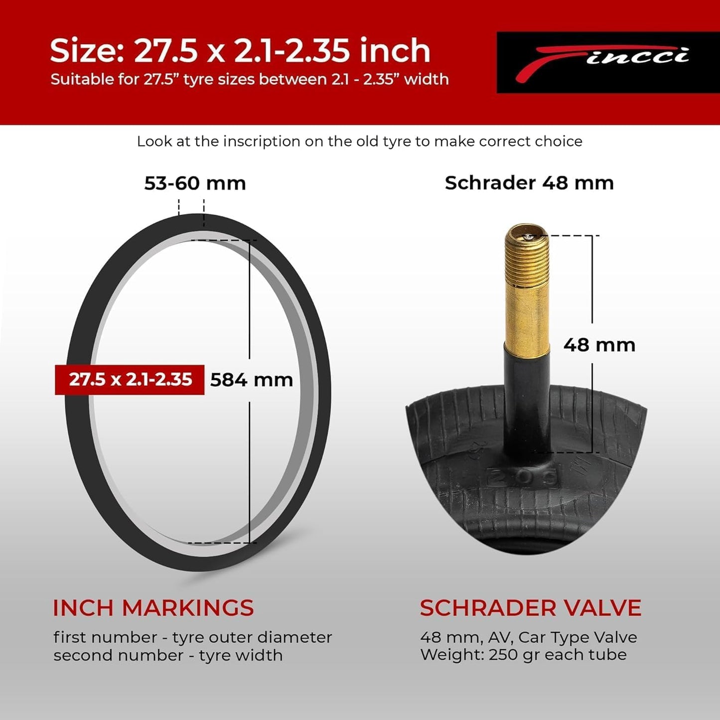 Fincci Pair 27.5 x 2.10-2.35 Inch Bike Inner Tubes, 48mm Schrader Valve – Pack of 2, Ideal for Mountain, MTB, Road, and Hybrid Bicycles