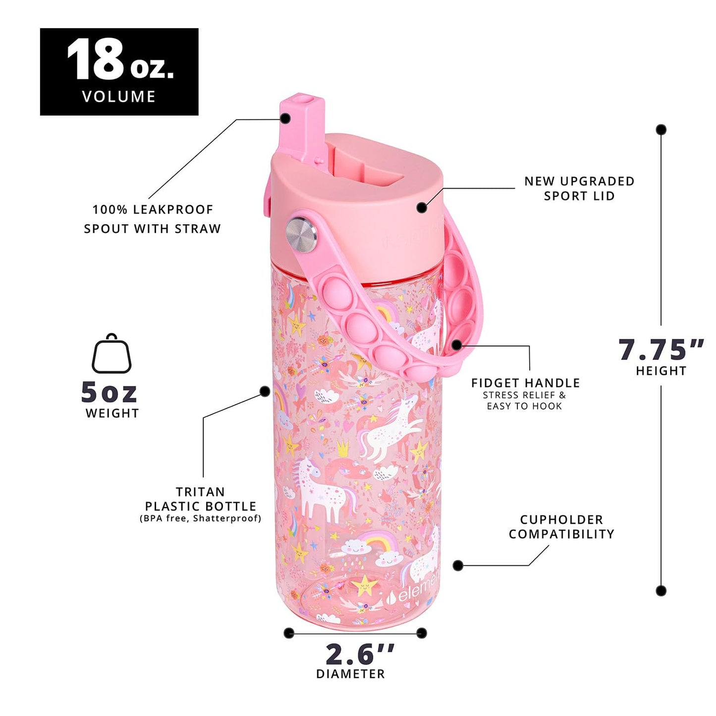 Elemental Leak Proof Water Bottles for Kids - Splash Kids Water Bottle for School with Pop-it Handle - Tritan Plastic Water Bottle with Straw - Mermaid & Pink Unicorn - 18oz (2 Pack)