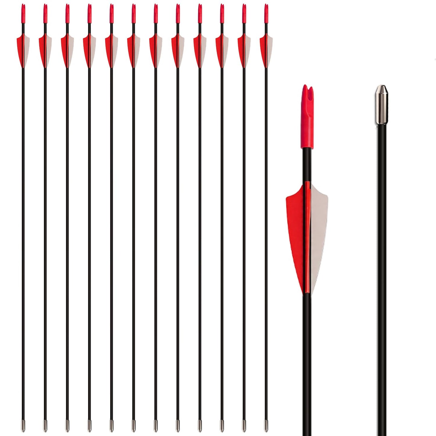 e5e10 28 inch Target Arrows Practice Fiberglass Arrow for Youth Beginner, Safety Blunt Tip Arrows for Archery Recurve Bow Long Bow -12 Pack(Red)