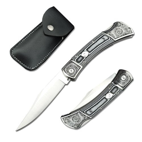 Assisted Opening EDC Pocket Knife for Men, D2 Stainless Steel Blade, Lock-back Tactical Knife with Mikata Handle, Button Folding Knife for Camping (Grey)