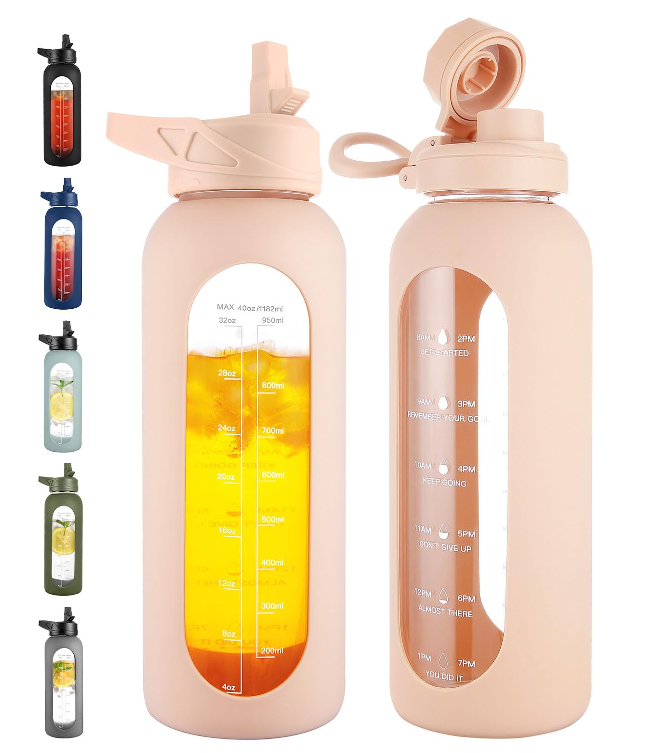 CIVAGO 40 oz Glass Water Bottle with Straw and Handle, Large Sports Motivational Water Bottle Flask with Time Marker and 2 Lids, Leakproof Water Jug Canteen with Silicone Sleeve for Gym, Beige