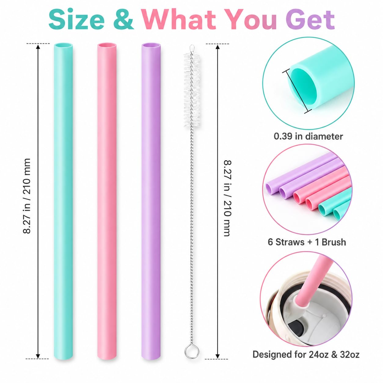 Joshey 6PCS Replacement Straws for Owala FreeSip 24oz & 32oz Water Bottles - Reusable Plastic Straws with 1 Cleaning Brush, Travel Tumbler Accessories Parts - 3 Colors (Pink, Green, Purple)